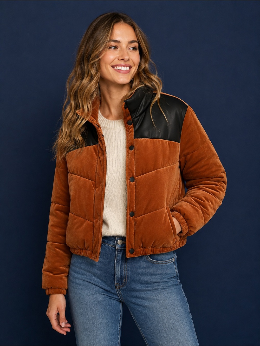 Celebrity Pink NWT Rust Cognac Velvet Cropped Puffer Jacket